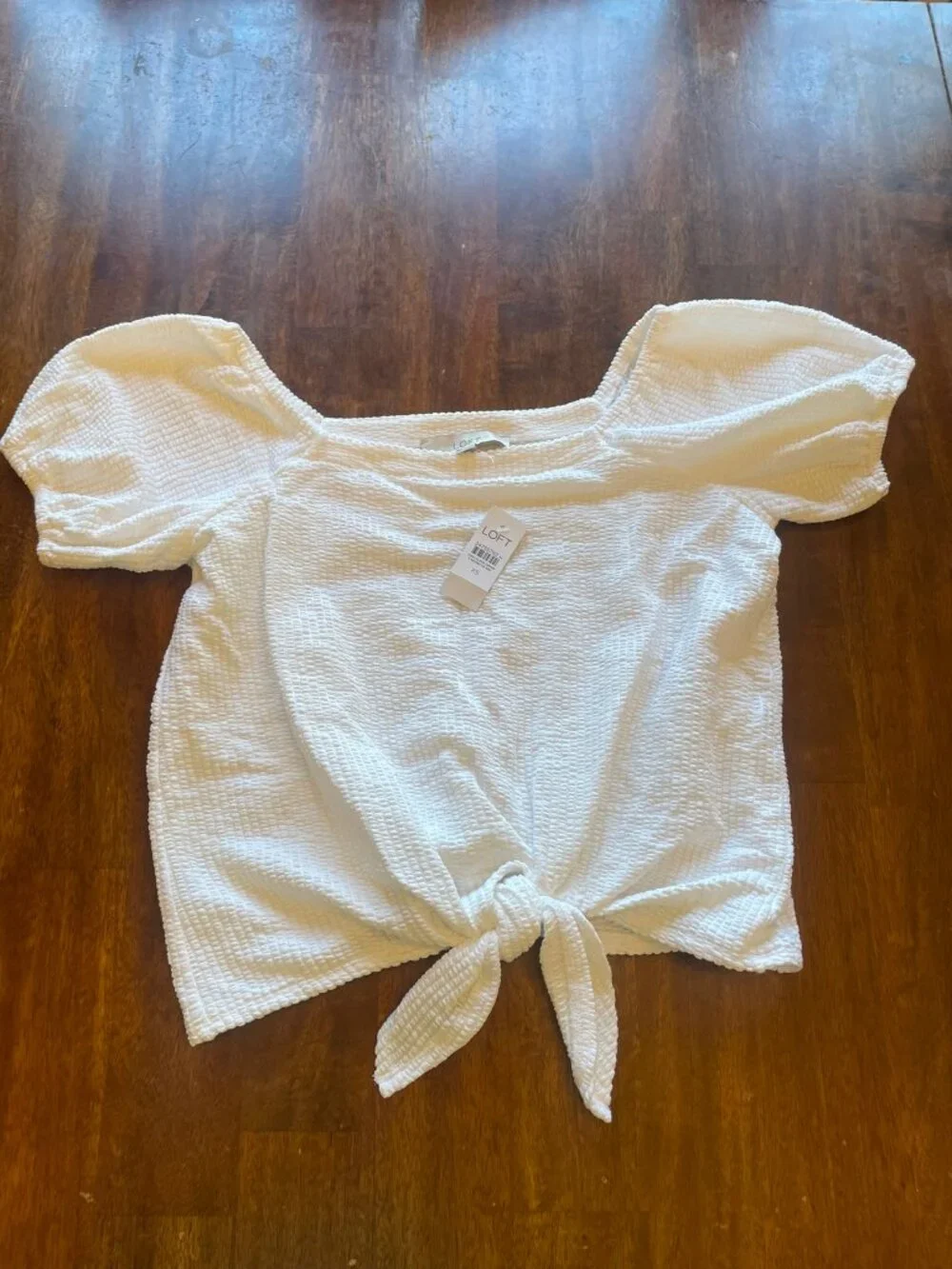 LOFT NWT White Textured Tie-Front Puff Sleeve Top Size XS Crop Blouse